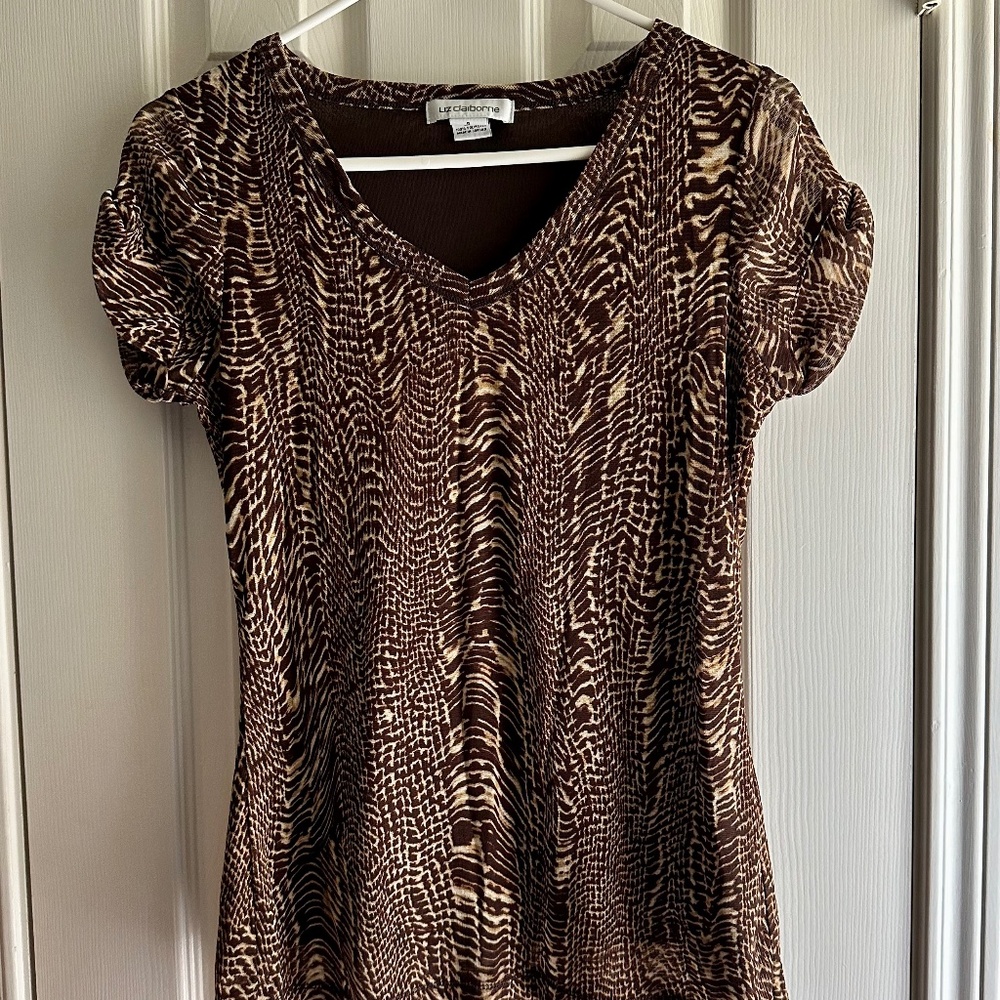 Liz Claiborne Size Small Brown and Cream Print Short-Sleeve Blouse Work Wear